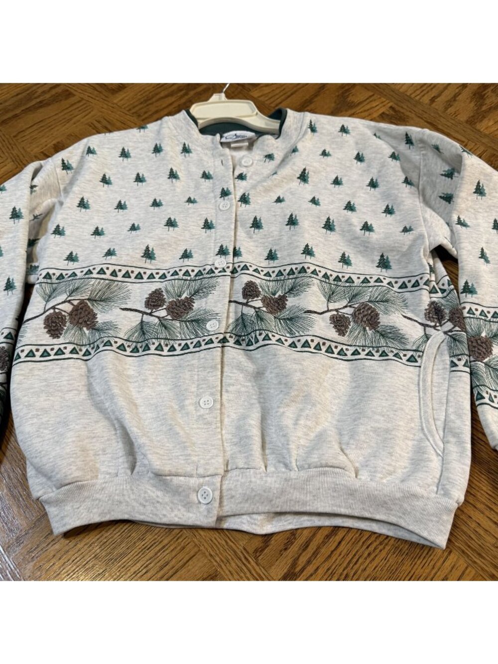 Vintage Pine Tree & Pinecone Button-Up Sweatshirt Gray  Green USA Medium